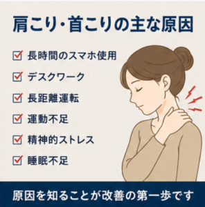 盛岡肩こり・スマホ首・長距離運転による首肩の痛みと改善方法を解説する日本語健康インフォグラフィック