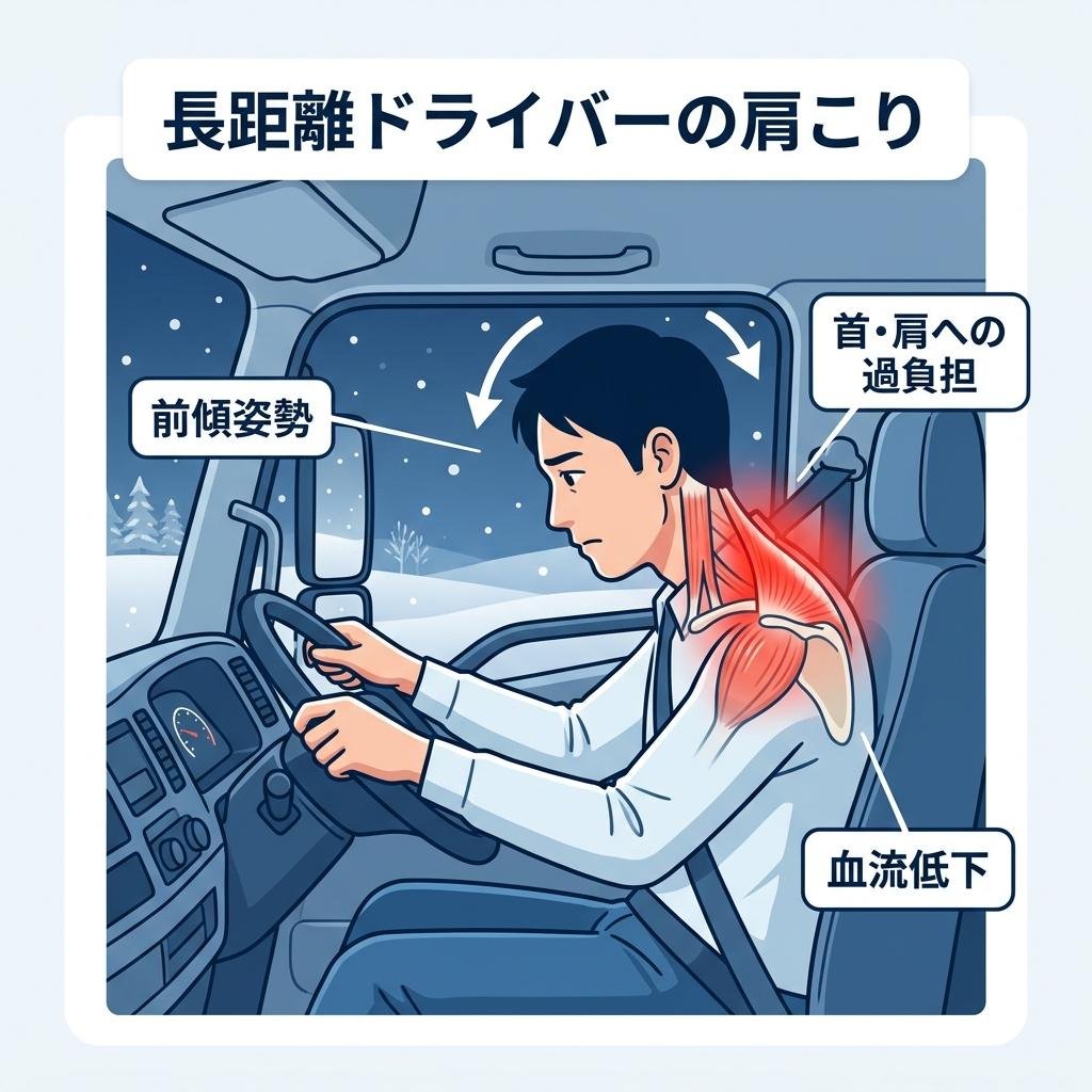 盛岡肩こり・スマホ首・長距離運転による首肩の痛みと改善方法を解説する日本語健康インフォグラフィック